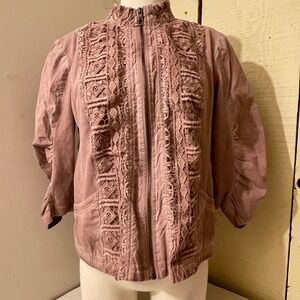 XCVI Womens Petite XL Full Zip Lightweight‎ Jacket Pink Cropped Lace Bohemian